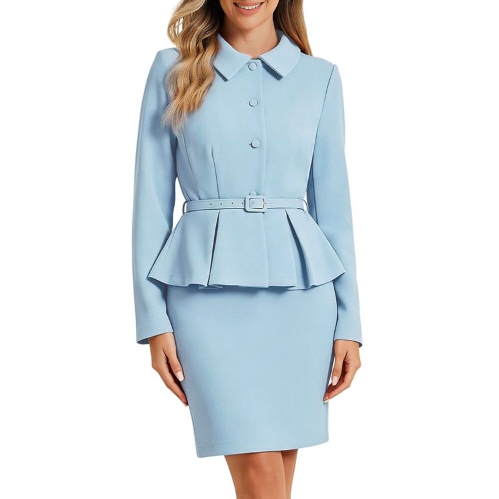 Women Business Suits Peplum Blazer Jacket Mini Pencil Skirt Sets Light Blue